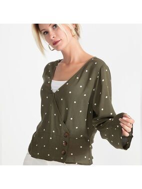 Abercrombie & Fitch Olive Green & White Polka Dot Long sleeve Wrap Blouse-size S